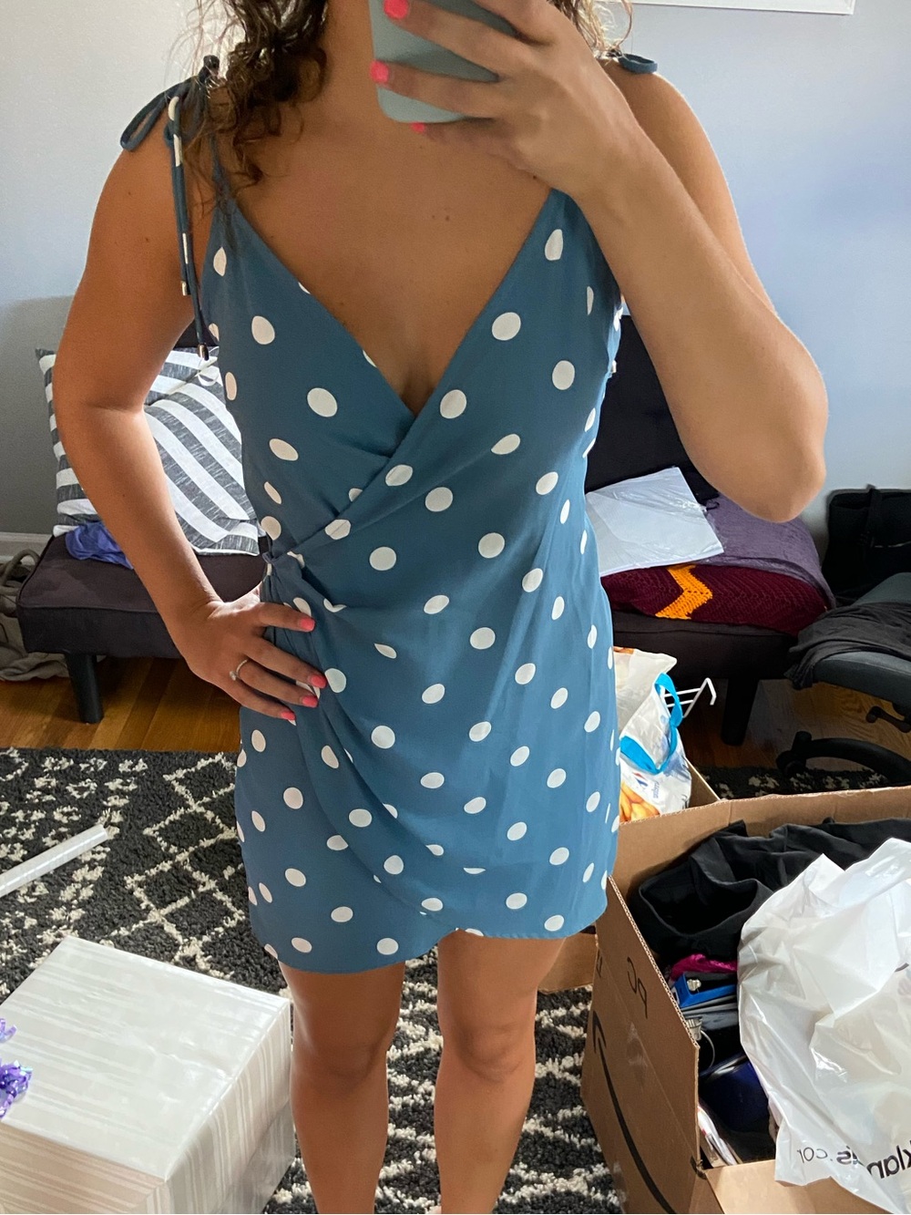 Blue Blush Teal Polka Dot Tie-Shoulder Wrap Mini Dress